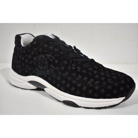 Chanel 22A Mens Black White Suede CC Logo Low Top Lace Up Trainer Sneaker 44 11 - Picture 5 of 12